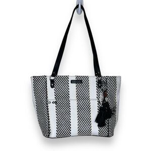 Sakroots Metro Woven Top Zip Tote Shoulder Bag Black White Owl Critter Keychain